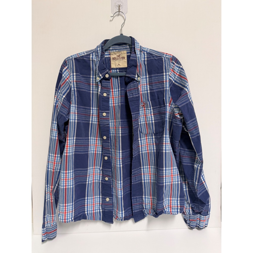 Hollister Mens XL Blue Red Plaid Long Sleeve Button Down Shirt Seagull Logo